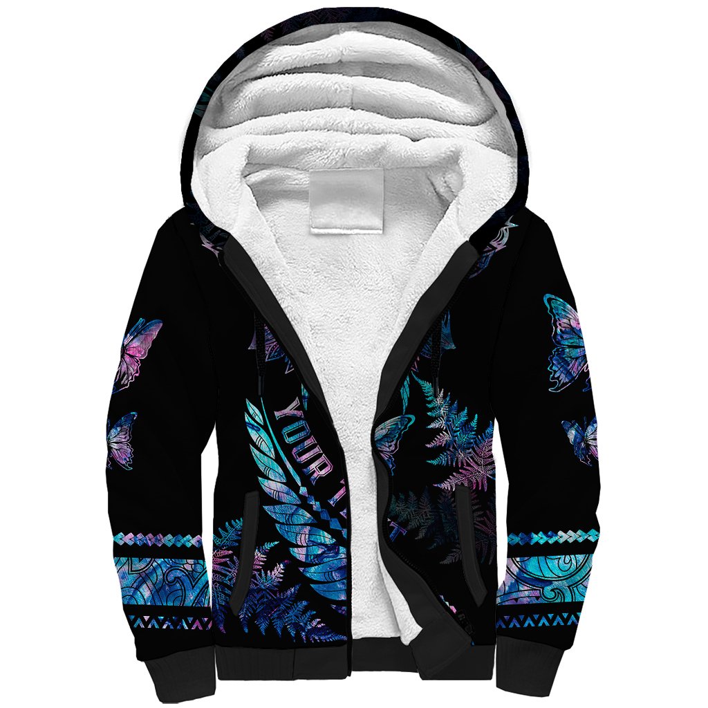 Personalised Polynesia Ribbon Butterflies Sherpa Hoodie Silver Fern Breast Cancer With Papua Shell Pattern LT9 Unisex Black - Polynesian Pride