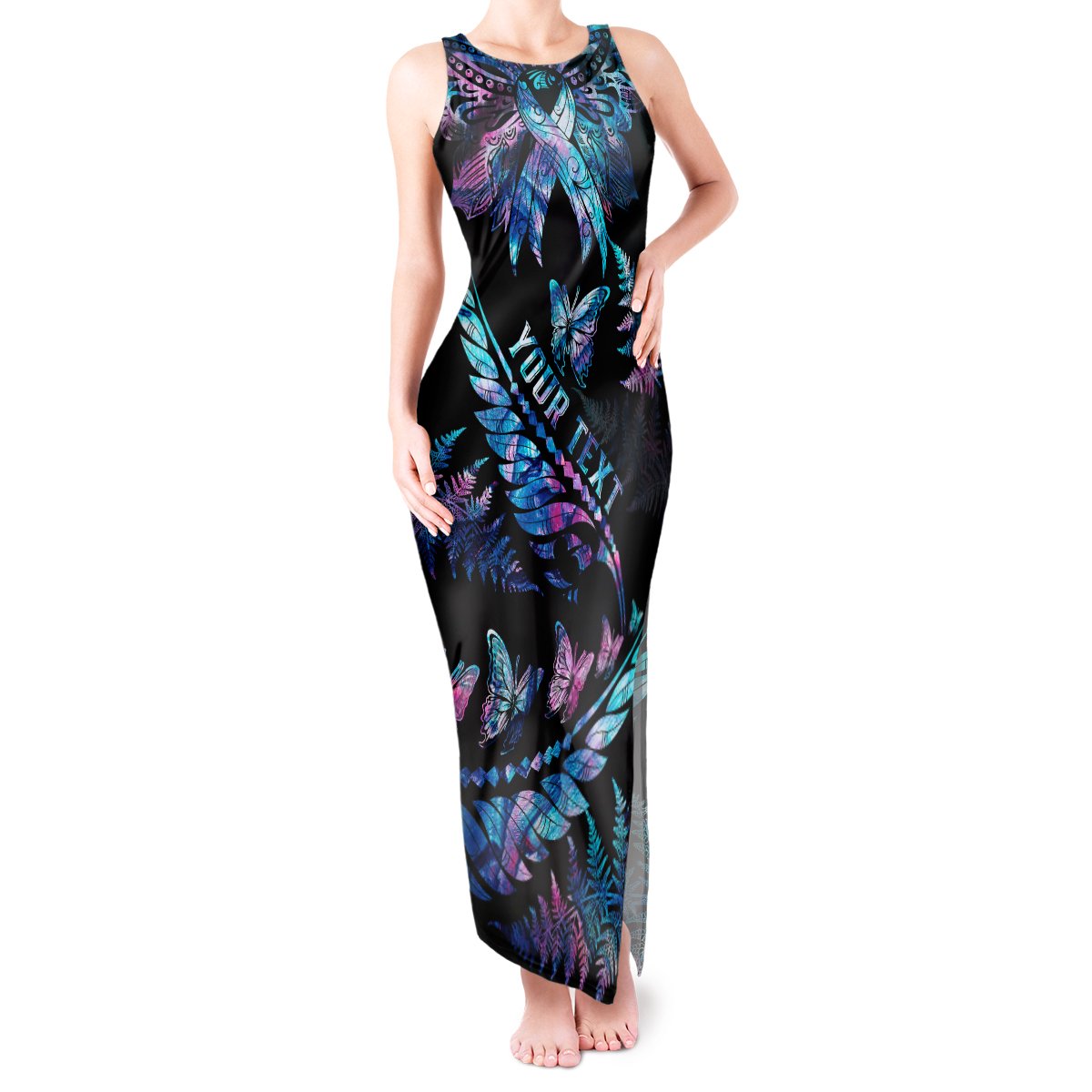 Personalised Polynesia Ribbon Butterflies Tank Maxi Dress Silver Fern Breast Cancer With Papua Shell Pattern LT9 Women Black - Polynesian Pride