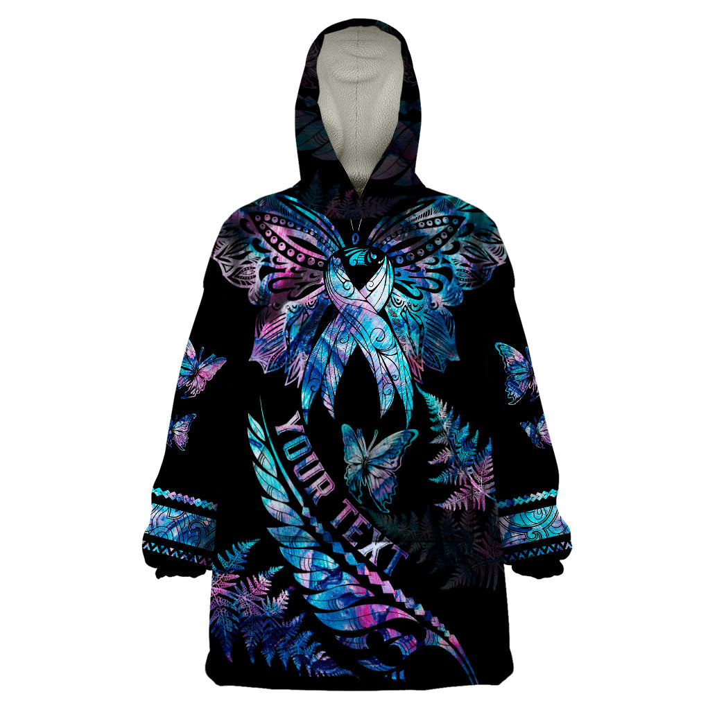 Personalised Polynesia Ribbon Butterflies Wearable Blanket Hoodie Silver Fern Breast Cancer With Papua Shell Pattern LT9 One Size Black - Polynesian Pride