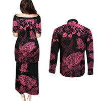 Personalised Polynesian Turtle Ribbon Couples Matching Puletasi Dress and Long Sleeve Button Shirts Think Pink Breast Cancer With Pacific Hibiscus LT9 - Polynesian Pride