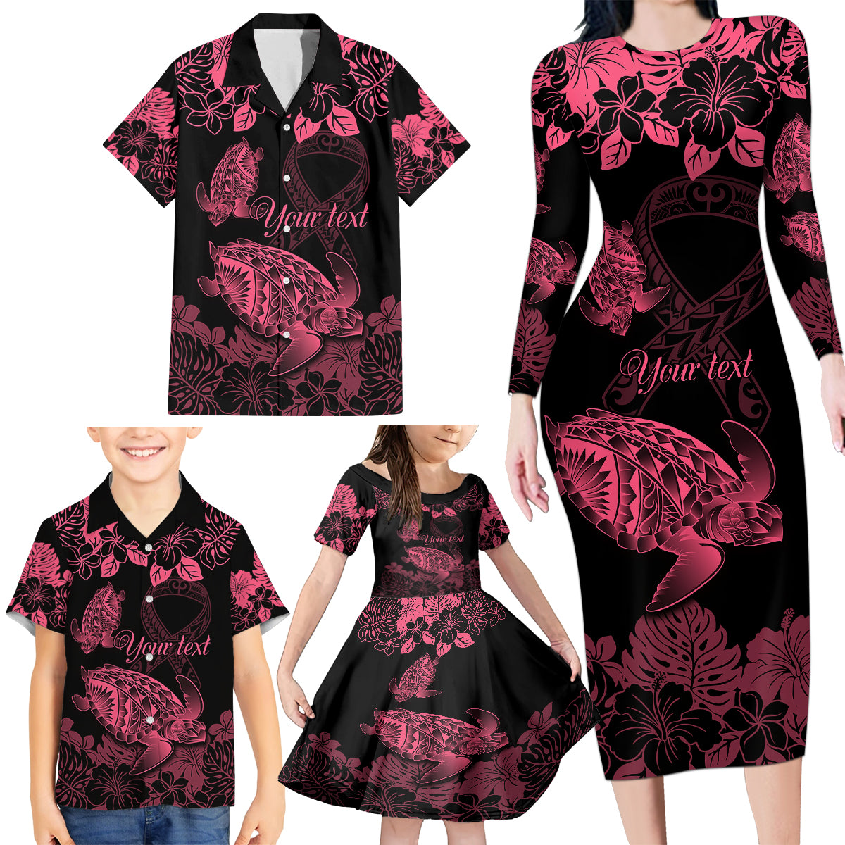 personalised-polynesian-turtle-ribbon-family-matching-long-sleeve-bodycon-dress-and-hawaiian-shirt-think-pink-breast-cancer-with-pacific-hibiscus