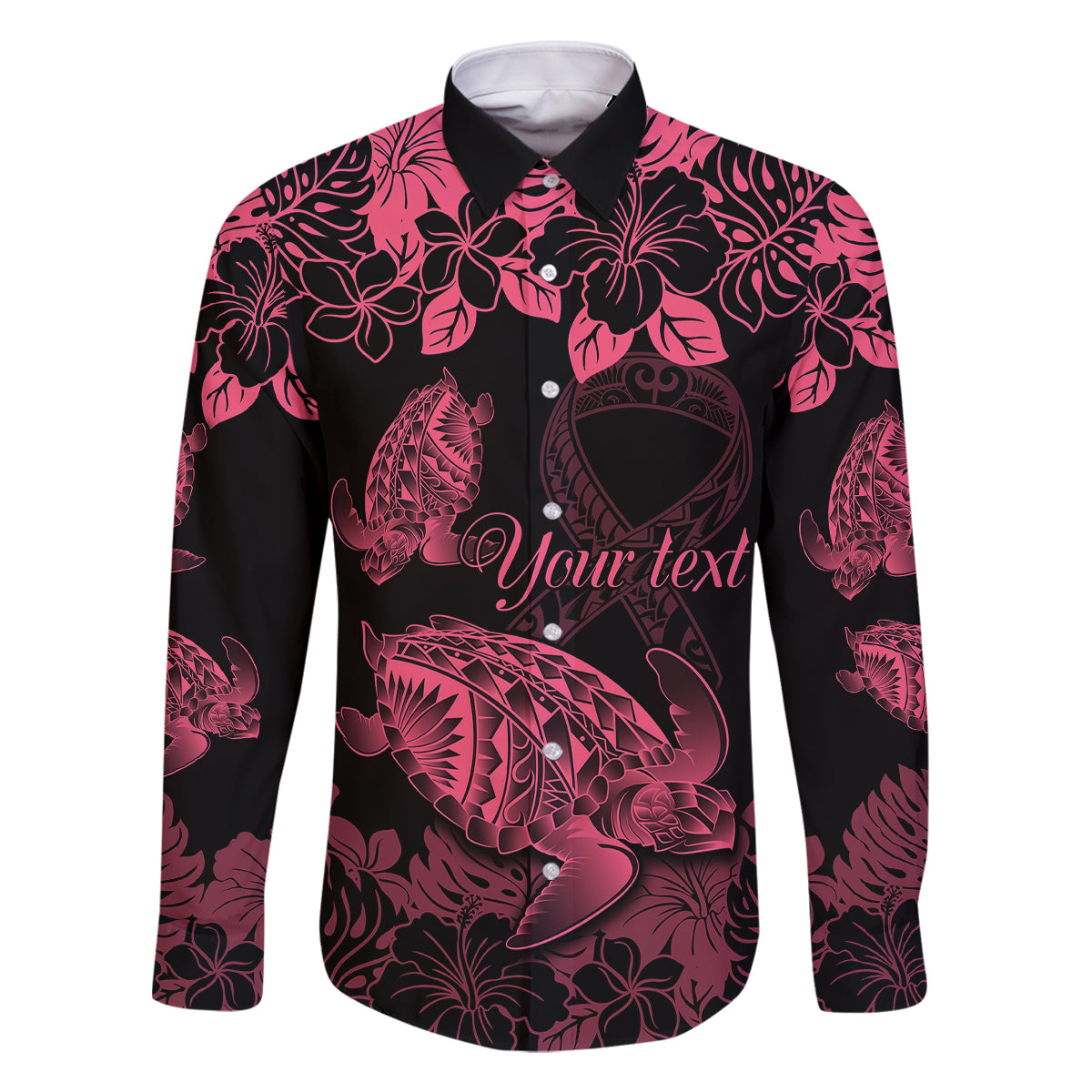 personalised-polynesian-turtle-ribbon-family-matching-long-sleeve-bodycon-dress-and-hawaiian-shirt-think-pink-breast-cancer-with-pacific-hibiscus