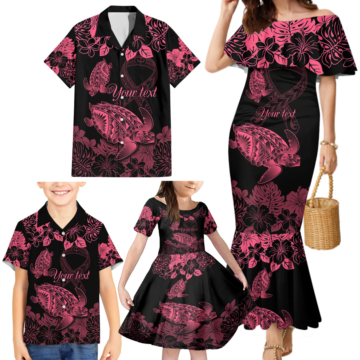 personalised-polynesian-turtle-ribbon-family-matching-mermaid-dress-and-hawaiian-shirt-think-pink-breast-cancer-with-pacific-hibiscus