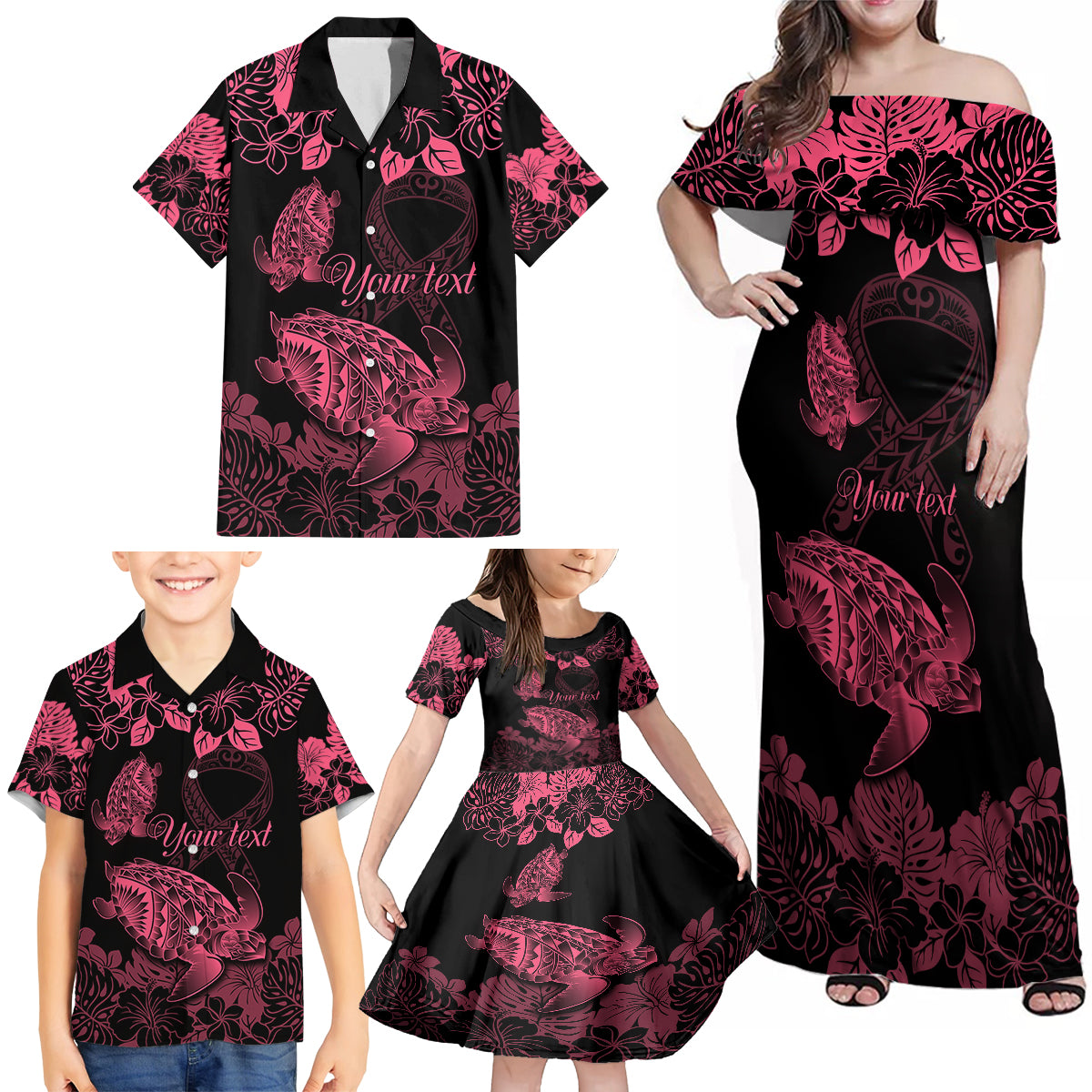 personalised-polynesian-turtle-ribbon-family-matching-off-shoulder-maxi-dress-and-hawaiian-shirt-think-pink-breast-cancer-with-pacific-hibiscus