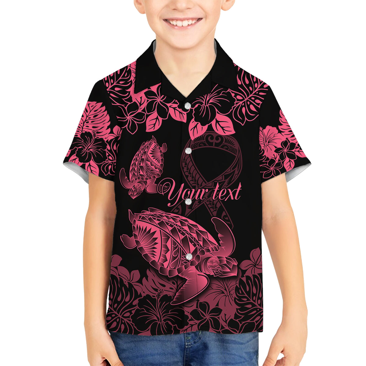 personalised-polynesian-turtle-ribbon-family-matching-off-shoulder-short-dress-and-hawaiian-shirt-think-pink-breast-cancer-with-pacific-hibiscus