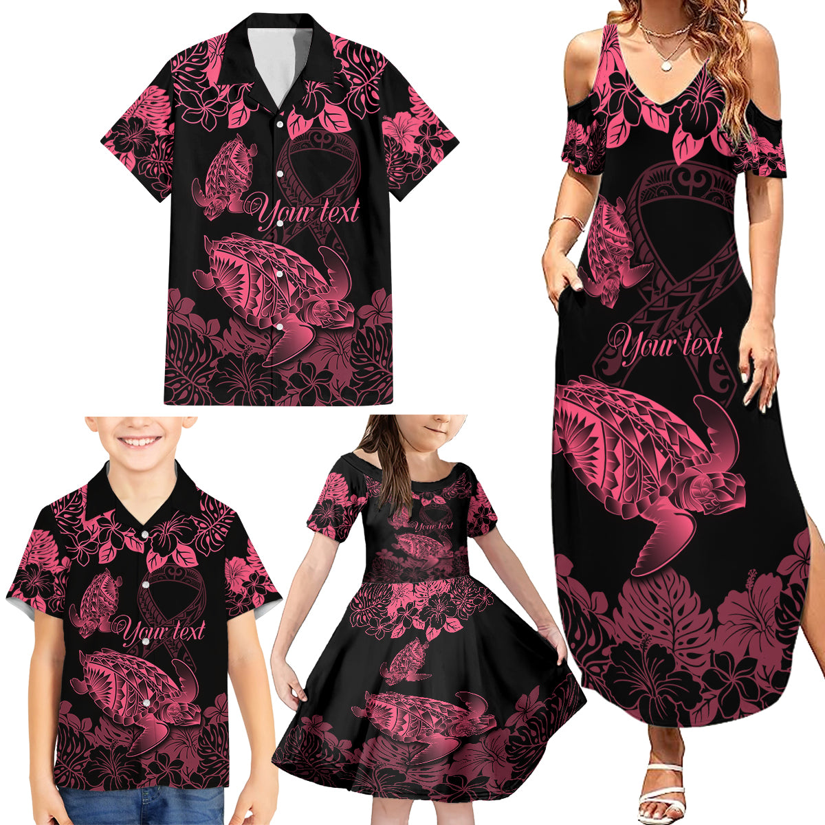 personalised-polynesian-turtle-ribbon-family-matching-summer-maxi-dress-and-hawaiian-shirt-think-pink-breast-cancer-with-pacific-hibiscus