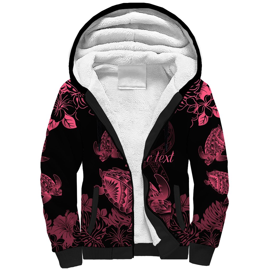 Personalised Polynesian Turtle Ribbon Sherpa Hoodie Think Pink Breast Cancer With Pacific Hibiscus LT9 Unisex Pink - Polynesian Pride