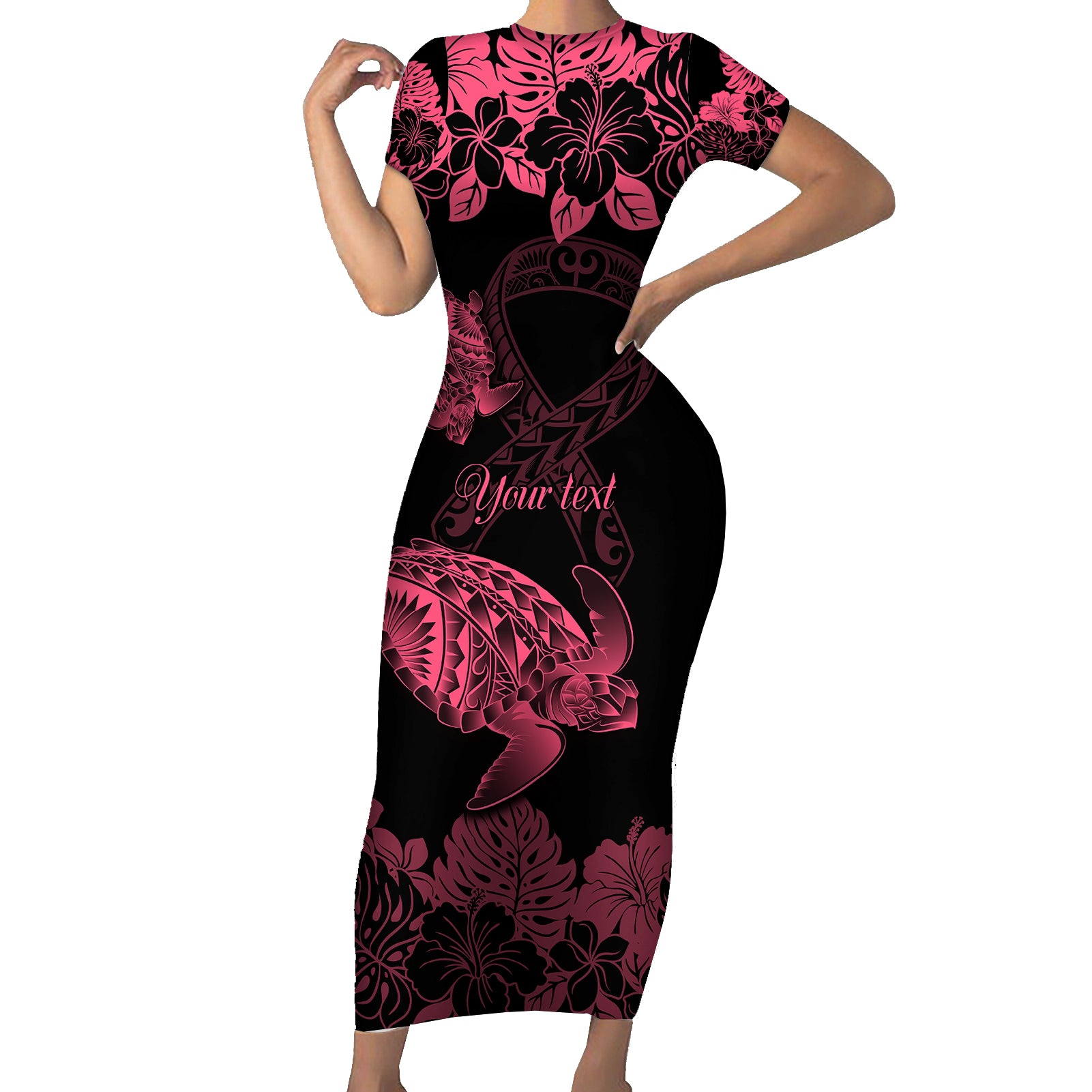 personalised-polynesian-turtle-ribbon-short-sleeve-bodycon-dress-think-pink-breast-cancer-with-pacific-hibiscus