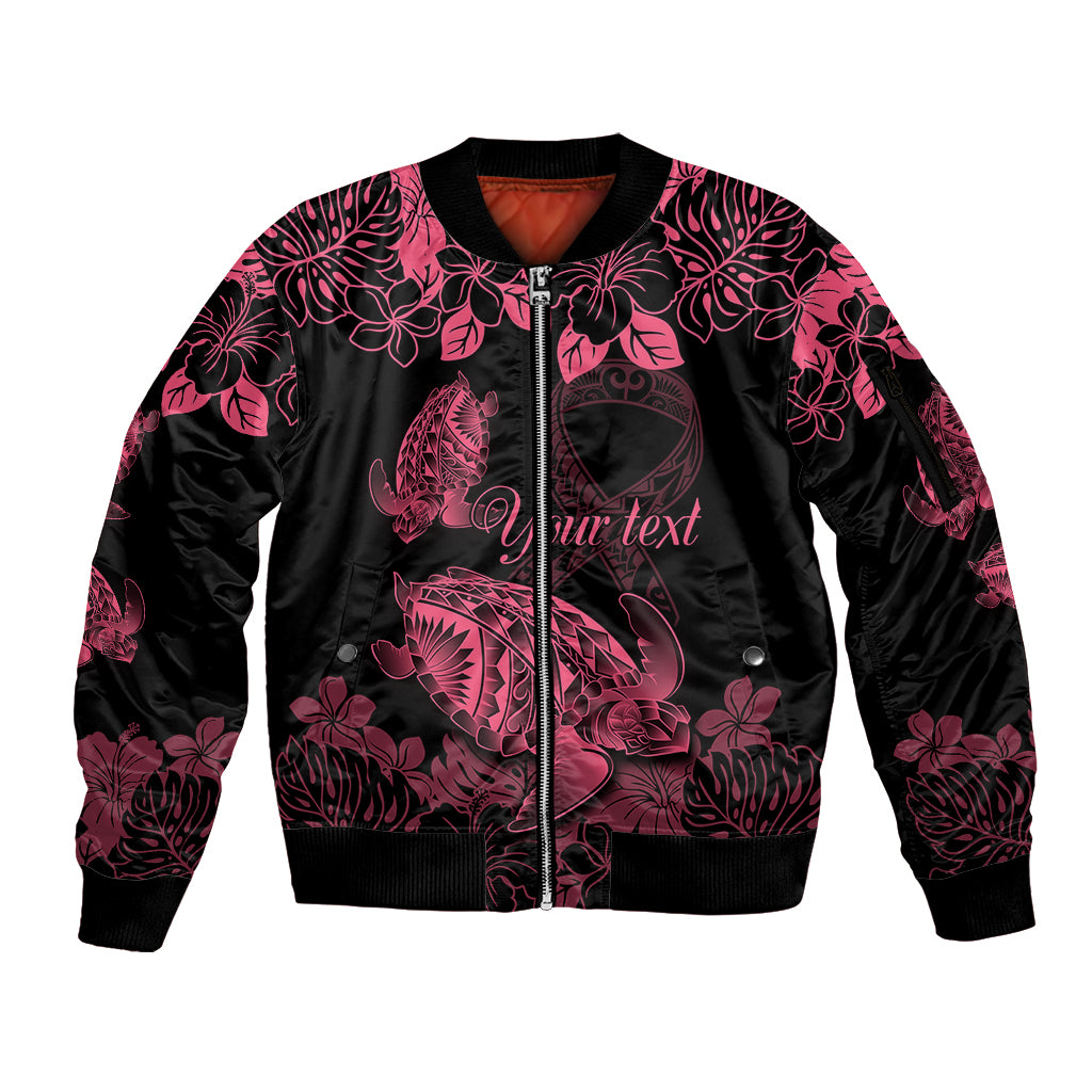 Personalised Polynesian Turtle Ribbon Sleeve Zip Bomber Jacket Think Pink Breast Cancer With Pacific Hibiscus LT9 Unisex Pink - Polynesian Pride
