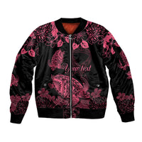 Personalised Polynesian Turtle Ribbon Sleeve Zip Bomber Jacket Think Pink Breast Cancer With Pacific Hibiscus LT9 Unisex Pink - Polynesian Pride