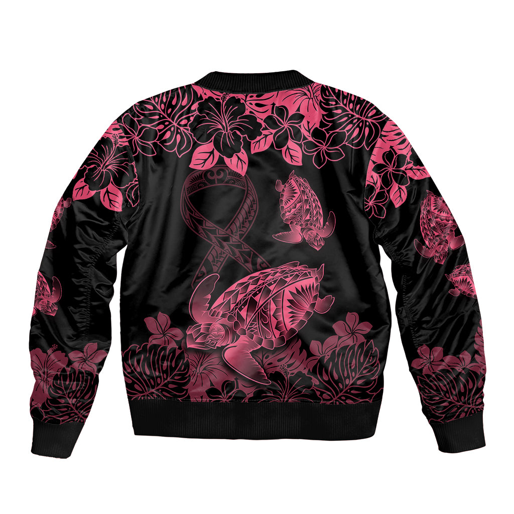 Personalised Polynesian Turtle Ribbon Sleeve Zip Bomber Jacket Think Pink Breast Cancer With Pacific Hibiscus LT9 - Polynesian Pride
