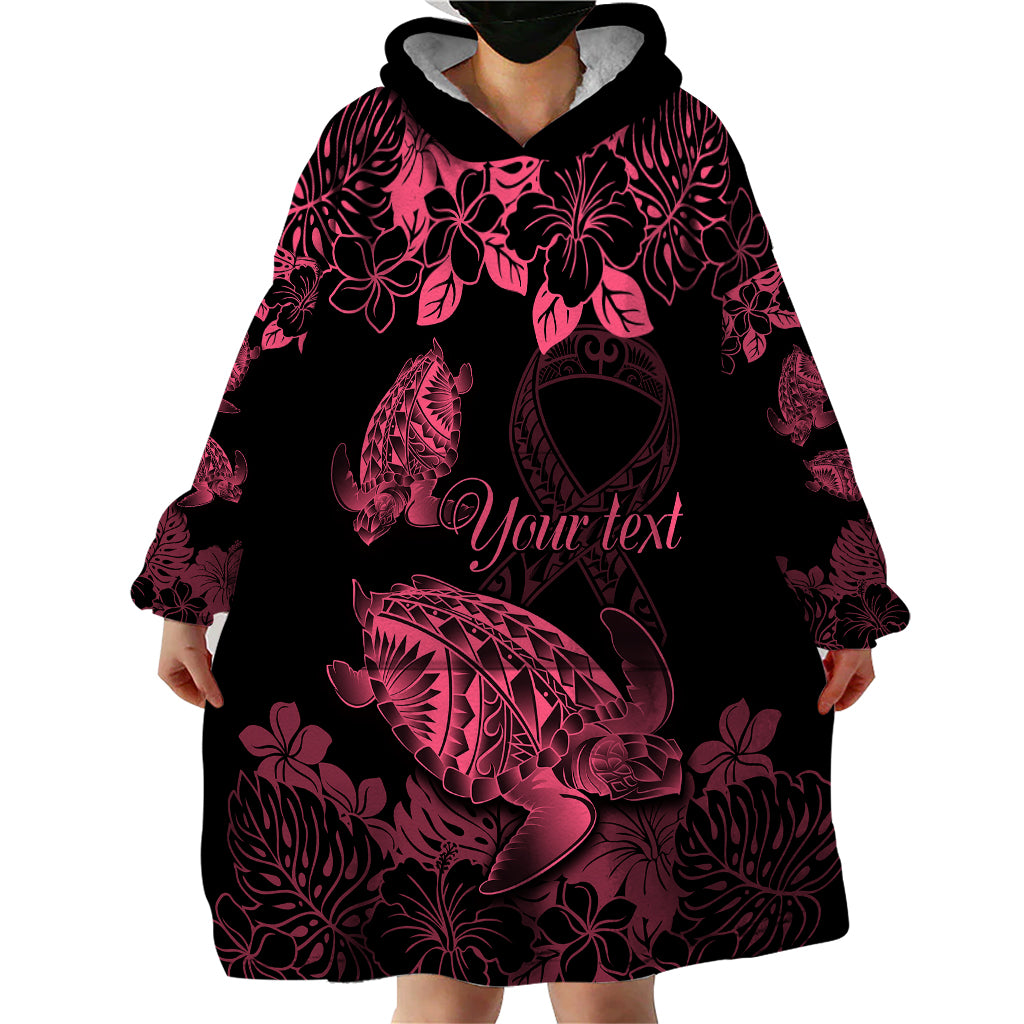 Personalised Polynesian Turtle Ribbon Wearable Blanket Hoodie Think Pink Breast Cancer With Pacific Hibiscus LT9 - Polynesian Pride