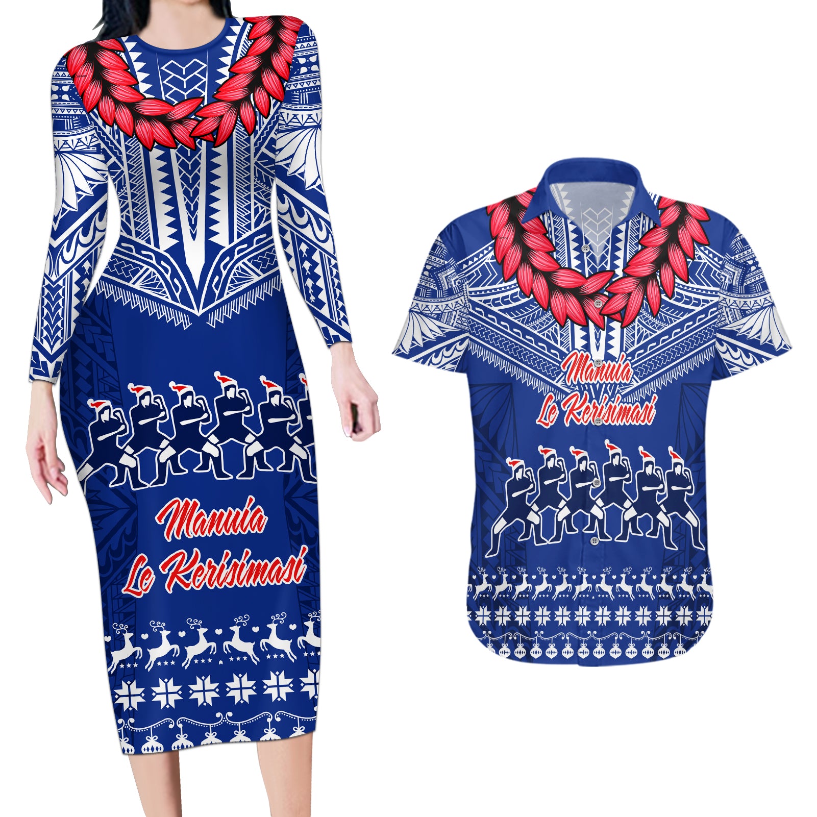 Toa Samoa Christmas Couples Matching Long Sleeve Bodycon Dress and Hawaiian Shirt Samoa Siva Tau Manuia Le Kerisimasi Blue Vibe LT9 Blue - Polynesian Pride