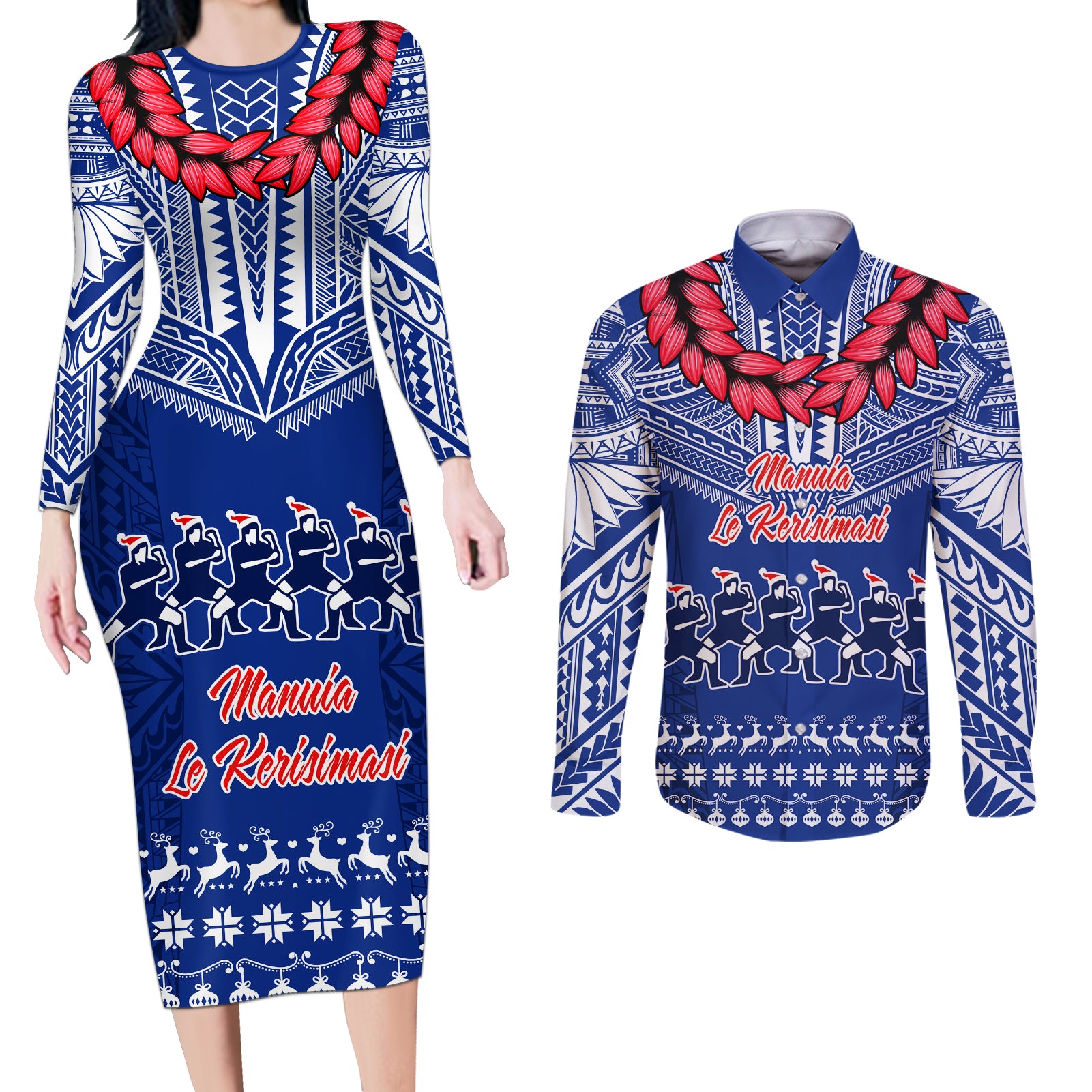 Toa Samoa Christmas Couples Matching Long Sleeve Bodycon Dress and Long Sleeve Button Shirt Samoa Siva Tau Manuia Le Kerisimasi Blue Vibe LT9 Blue - Polynesian Pride