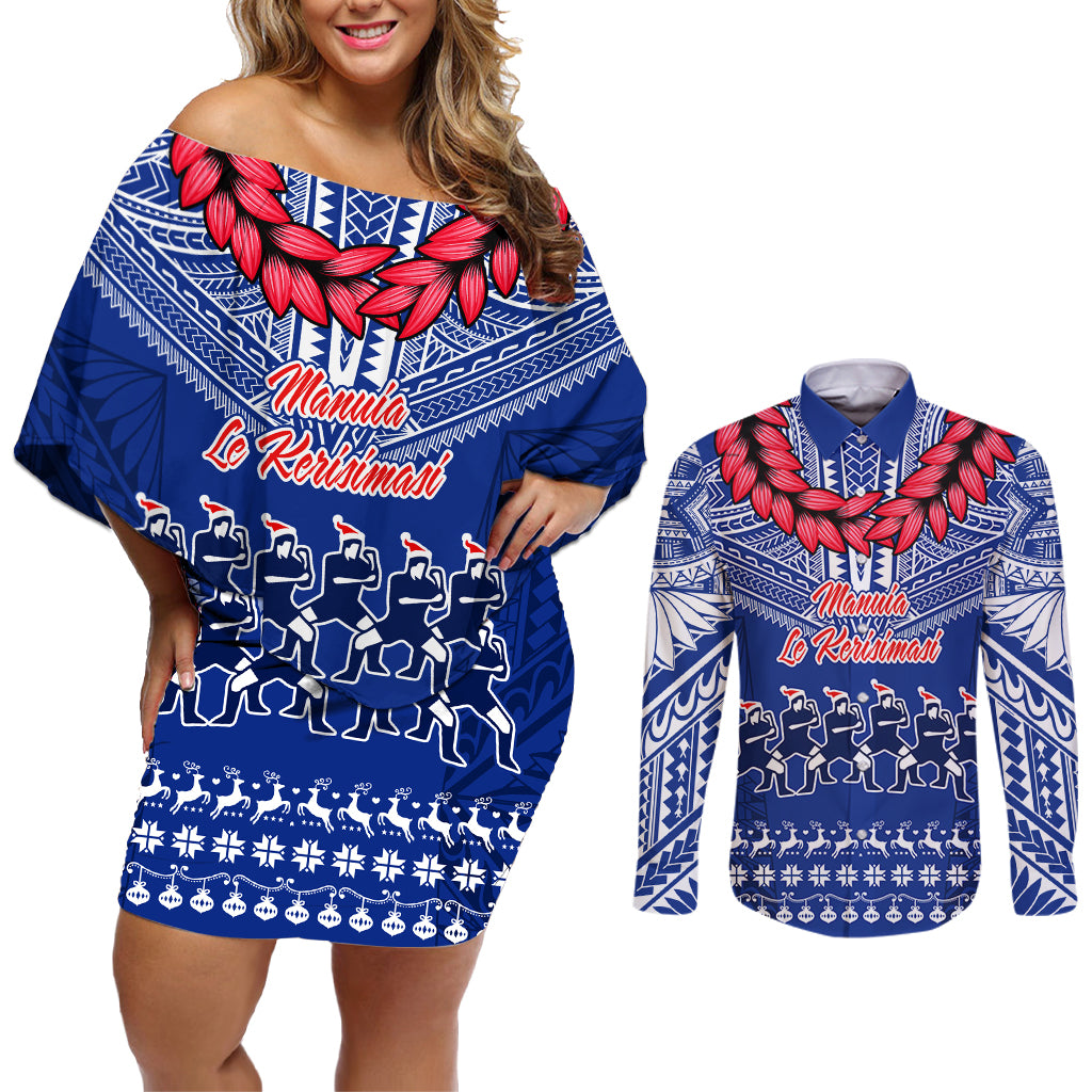 Toa Samoa Christmas Couples Matching Off Shoulder Short Dress and Long Sleeve Button Shirt Samoa Siva Tau Manuia Le Kerisimasi Blue Vibe LT9 Blue - Polynesian Pride