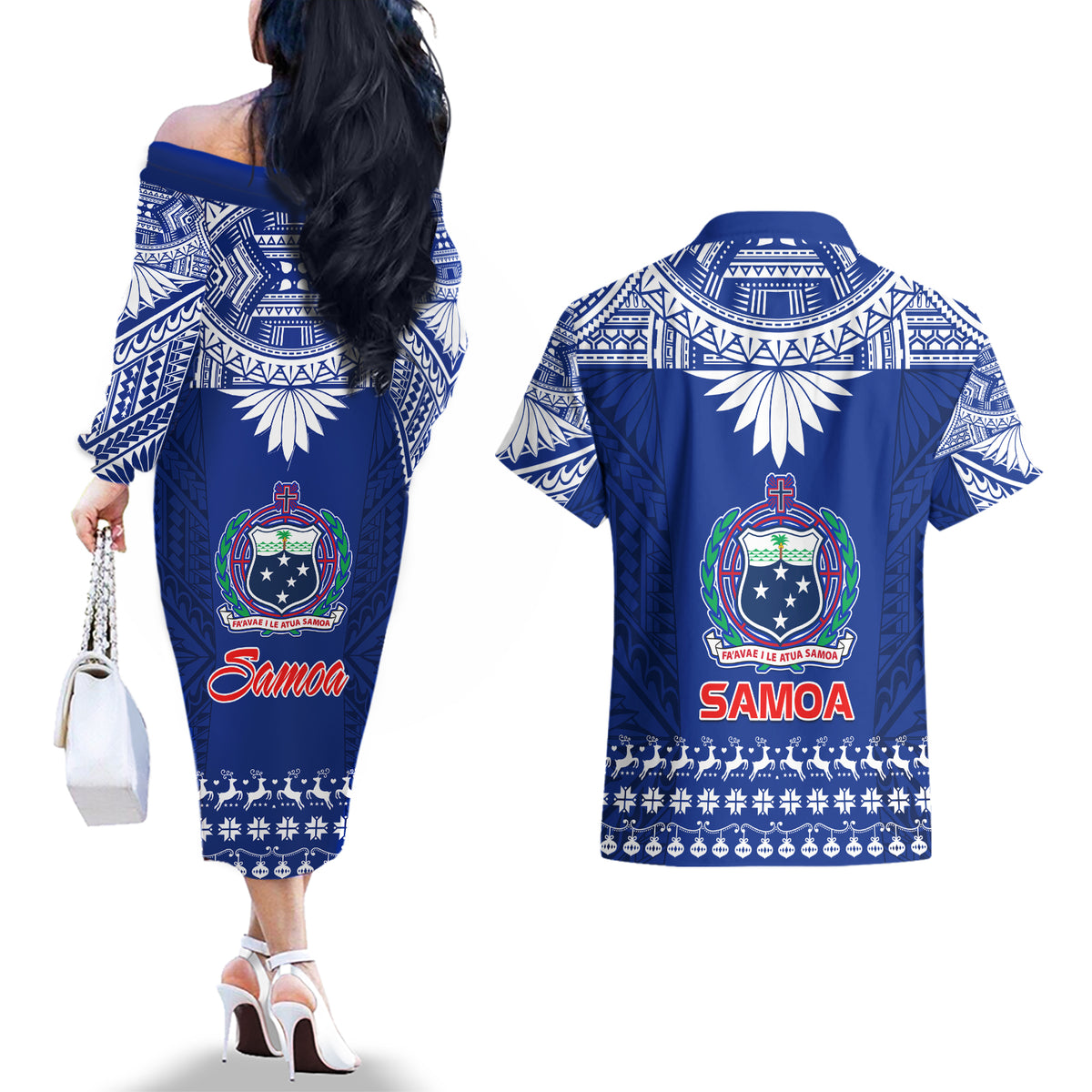 Toa Samoa Christmas Couples Matching Off The Shoulder Long Sleeve Dress and Hawaiian Shirt Samoa Siva Tau Manuia Le Kerisimasi Blue Vibe LT9 - Polynesian Pride
