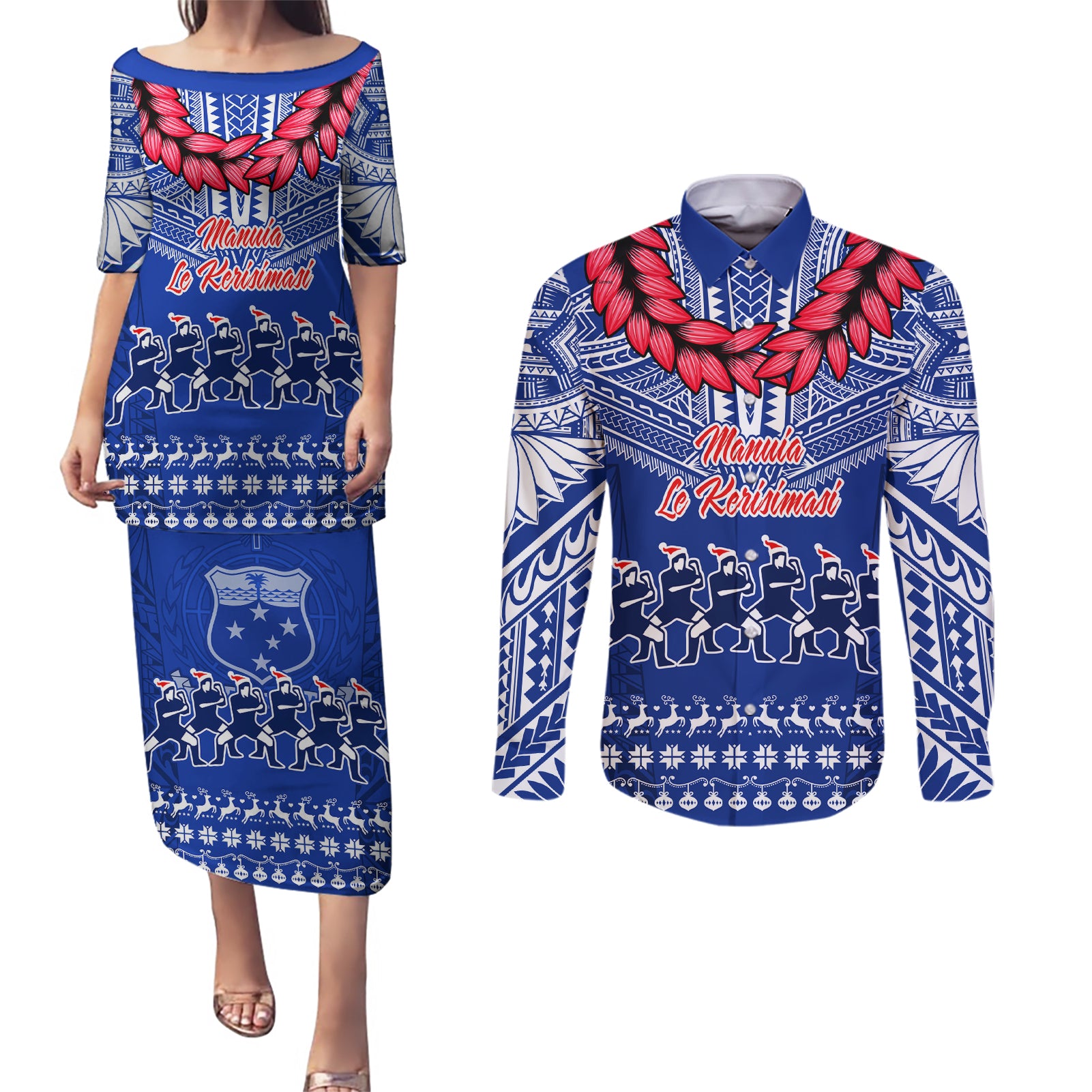 Toa Samoa Christmas Couples Matching Puletasi Dress and Long Sleeve Button Shirt Samoa Siva Tau Manuia Le Kerisimasi Blue Vibe LT9 Blue - Polynesian Pride