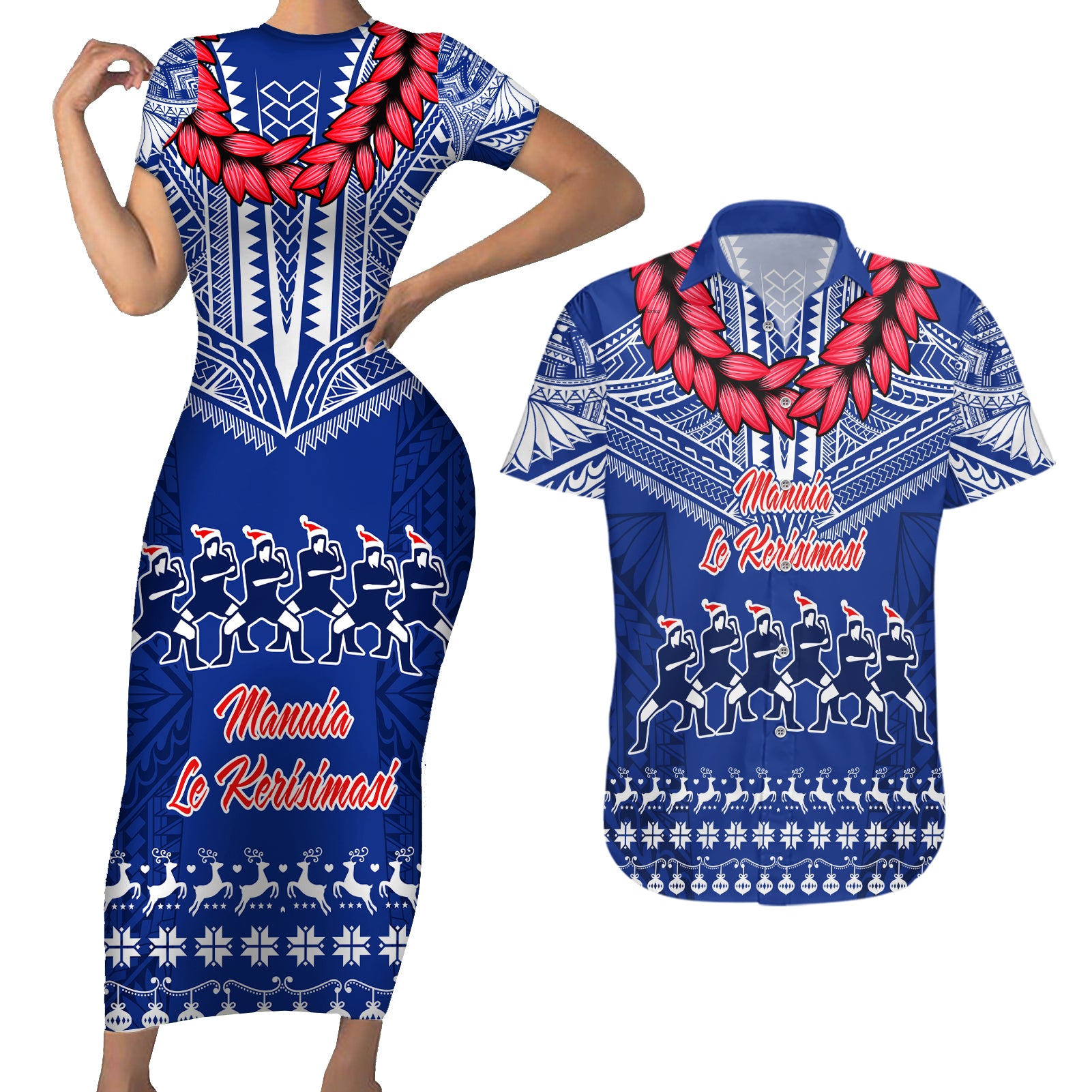 Toa Samoa Christmas Couples Matching Short Sleeve Bodycon Dress and Hawaiian Shirt Samoa Siva Tau Manuia Le Kerisimasi Blue Vibe LT9 Blue - Polynesian Pride