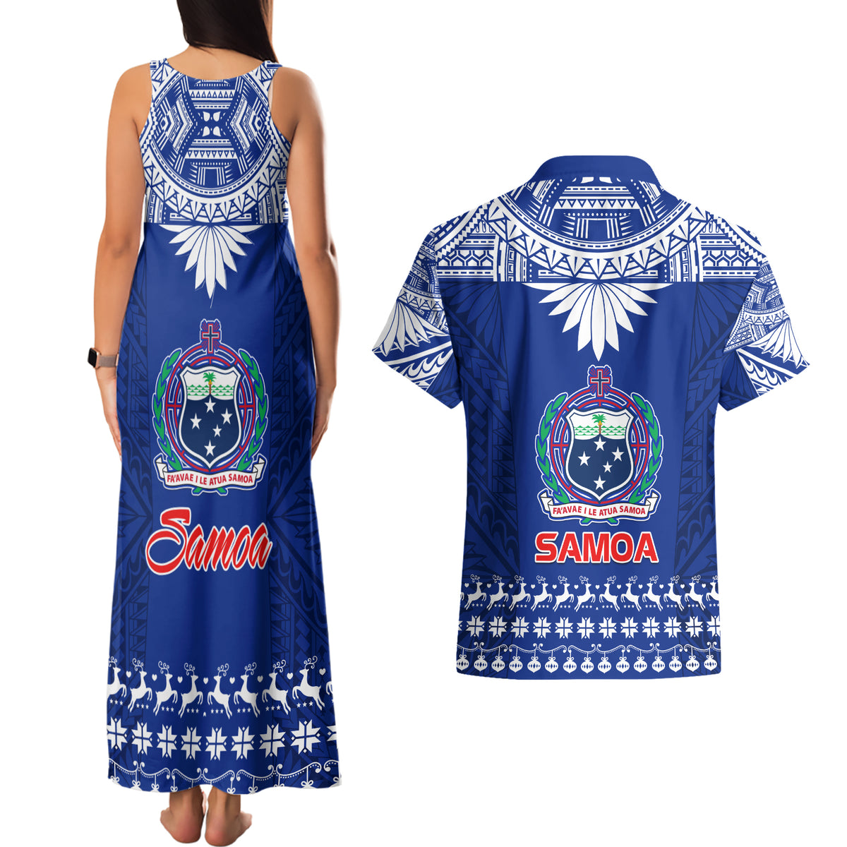 Toa Samoa Christmas Couples Matching Tank Maxi Dress and Hawaiian Shirt Samoa Siva Tau Manuia Le Kerisimasi Blue Vibe LT9 - Polynesian Pride