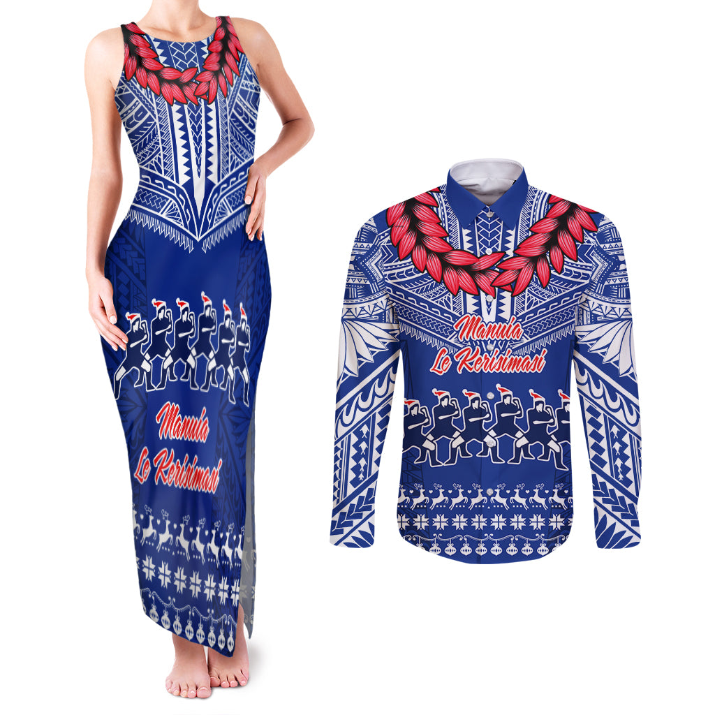 Toa Samoa Christmas Couples Matching Tank Maxi Dress and Long Sleeve Button Shirt Samoa Siva Tau Manuia Le Kerisimasi Blue Vibe LT9 Blue - Polynesian Pride