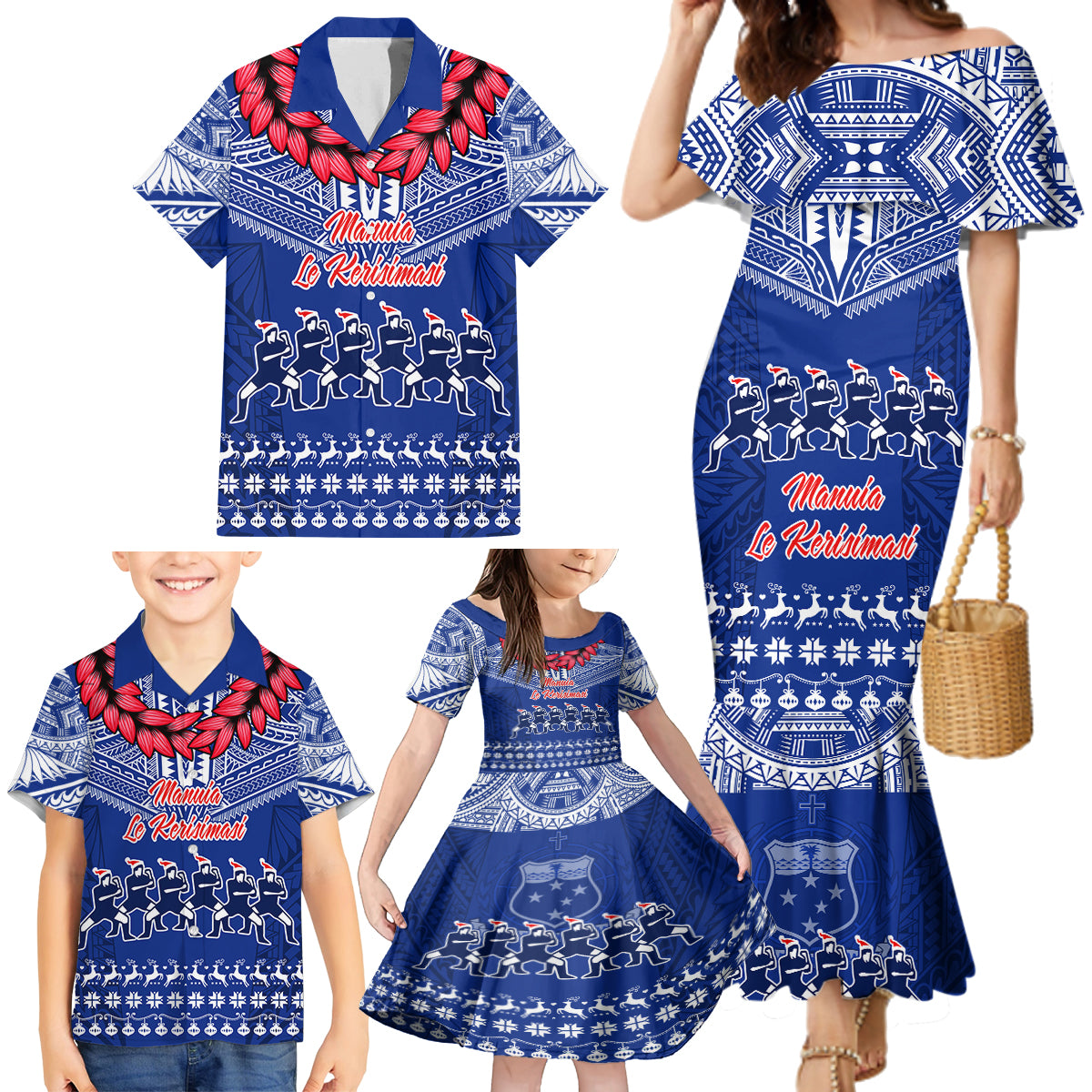 Toa Samoa Christmas Family Matching Mermaid Dress and Hawaiian Shirt Samoa Siva Tau Manuia Le Kerisimasi Blue Vibe LT9 - Polynesian Pride