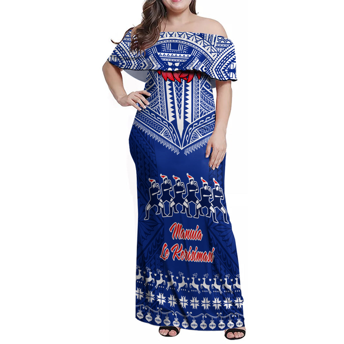 Toa Samoa Christmas Family Matching Off Shoulder Maxi Dress and Hawaiian Shirt Samoa Siva Tau Manuia Le Kerisimasi Blue Vibe LT9 Mom's Dress Blue - Polynesian Pride