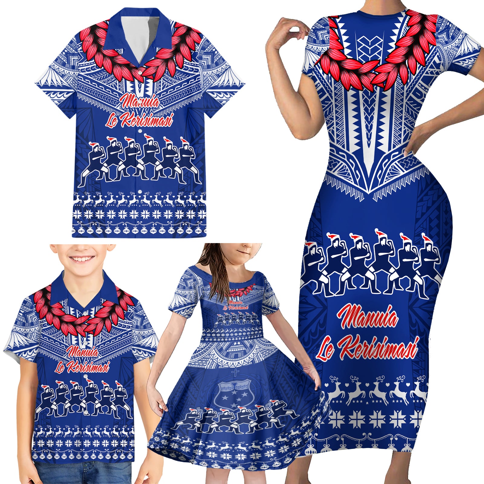 Toa Samoa Christmas Family Matching Short Sleeve Bodycon Dress and Hawaiian Shirt Samoa Siva Tau Manuia Le Kerisimasi Blue Vibe LT9 - Polynesian Pride