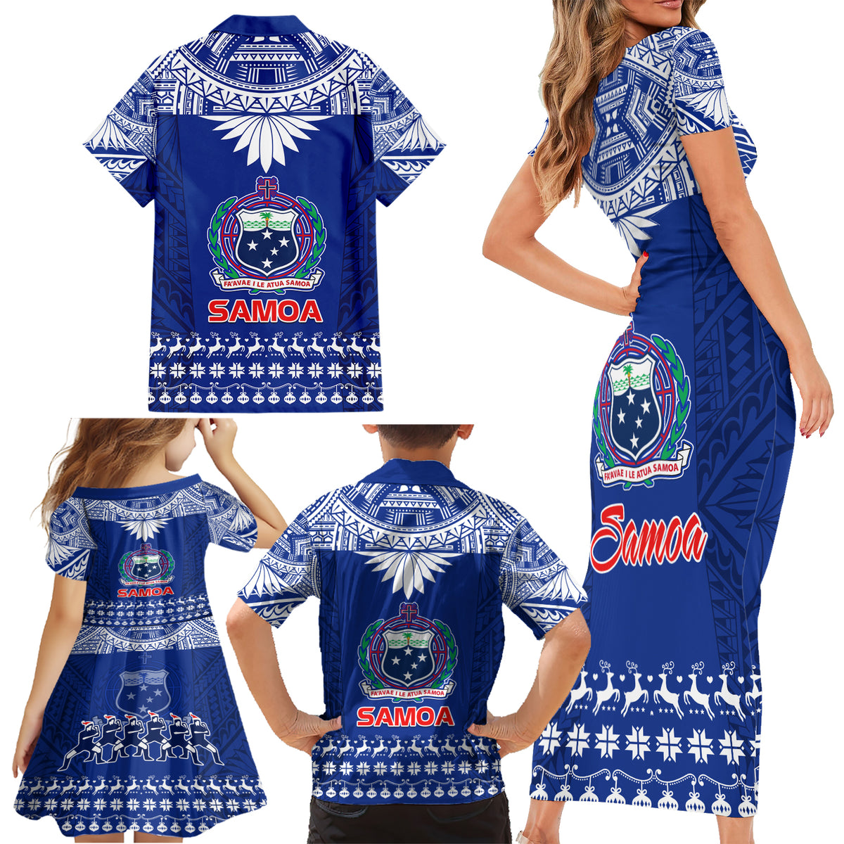 Toa Samoa Christmas Family Matching Short Sleeve Bodycon Dress and Hawaiian Shirt Samoa Siva Tau Manuia Le Kerisimasi Blue Vibe LT9 - Polynesian Pride