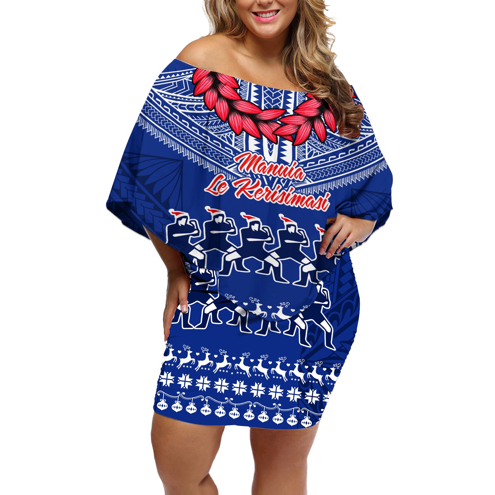 Toa Samoa Christmas Off Shoulder Short Dress Samoa Siva Tau Manuia Le Kerisimasi Blue Vibe LT9 Women Blue - Polynesian Pride