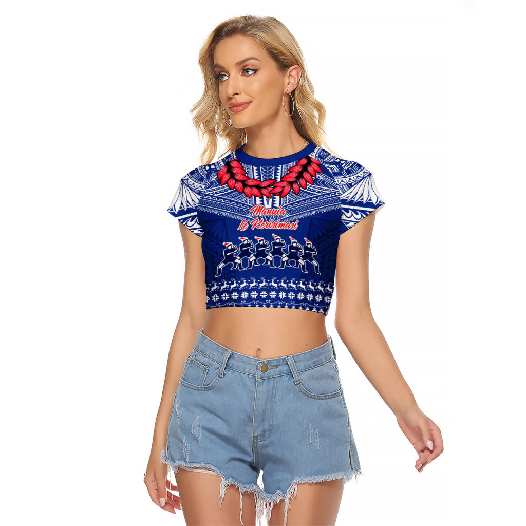 Toa Samoa Christmas Raglan Cropped T Shirt Samoa Siva Tau Manuia Le Kerisimasi Blue Vibe LT9 Female Blue - Polynesian Pride