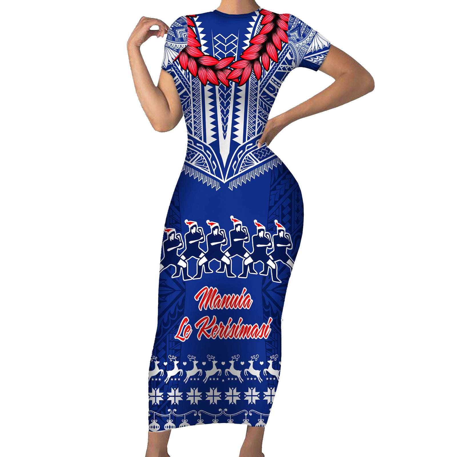 Toa Samoa Christmas Short Sleeve Bodycon Dress Samoa Siva Tau Manuia Le Kerisimasi Blue Vibe LT9 Long Dress Blue - Polynesian Pride