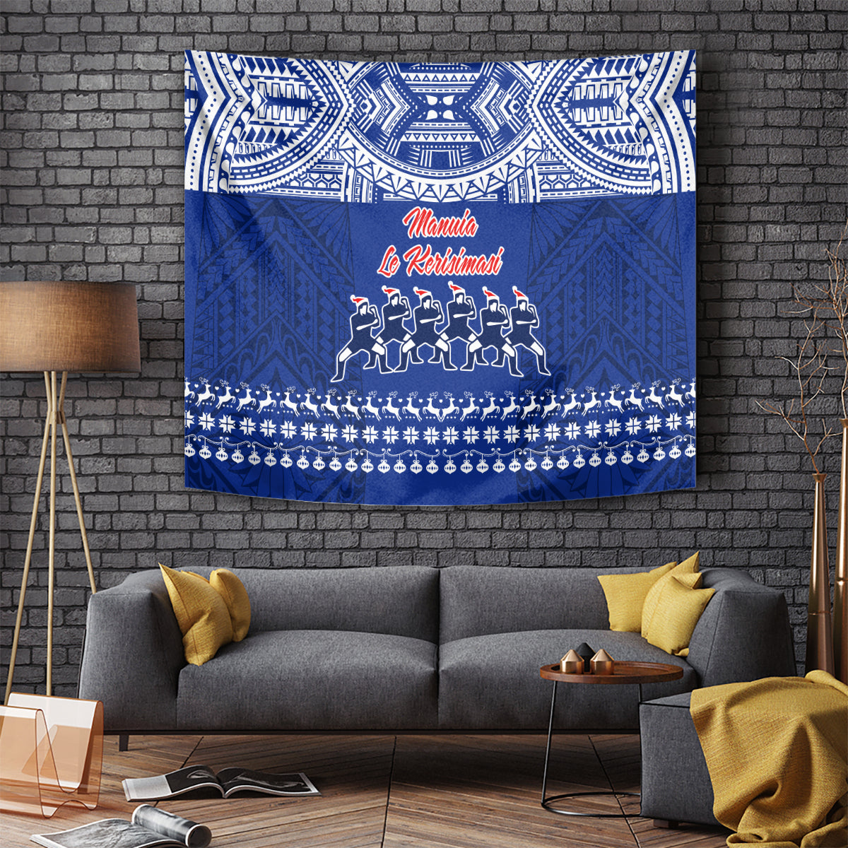 Toa Samoa Christmas Tapestry Samoa Siva Tau Manuia Le Kerisimasi Blue Vibe LT9 Blue - Polynesian Pride