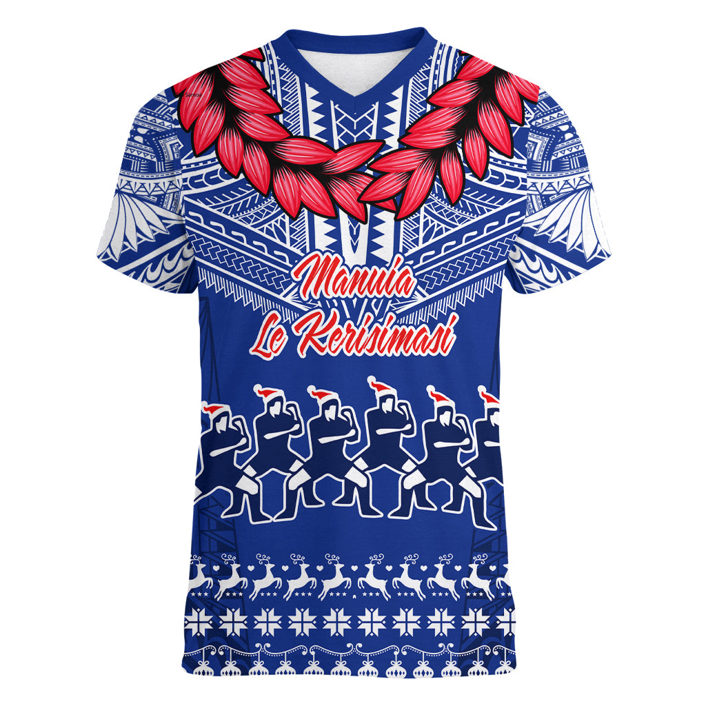 Toa Samoa Christmas Women V Neck T Shirt Samoa Siva Tau Manuia Le Kerisimasi Blue Vibe LT9 Female Blue - Polynesian Pride