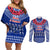 Personalised Toa Samoa Christmas Couples Matching Off Shoulder Short Dress and Long Sleeve Button Shirt Samoa Siva Tau Manuia Le Kerisimasi Blue Vibe LT9 Blue - Polynesian Pride