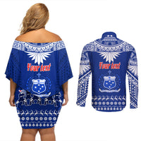 Personalised Toa Samoa Christmas Couples Matching Off Shoulder Short Dress and Long Sleeve Button Shirt Samoa Siva Tau Manuia Le Kerisimasi Blue Vibe LT9 - Polynesian Pride