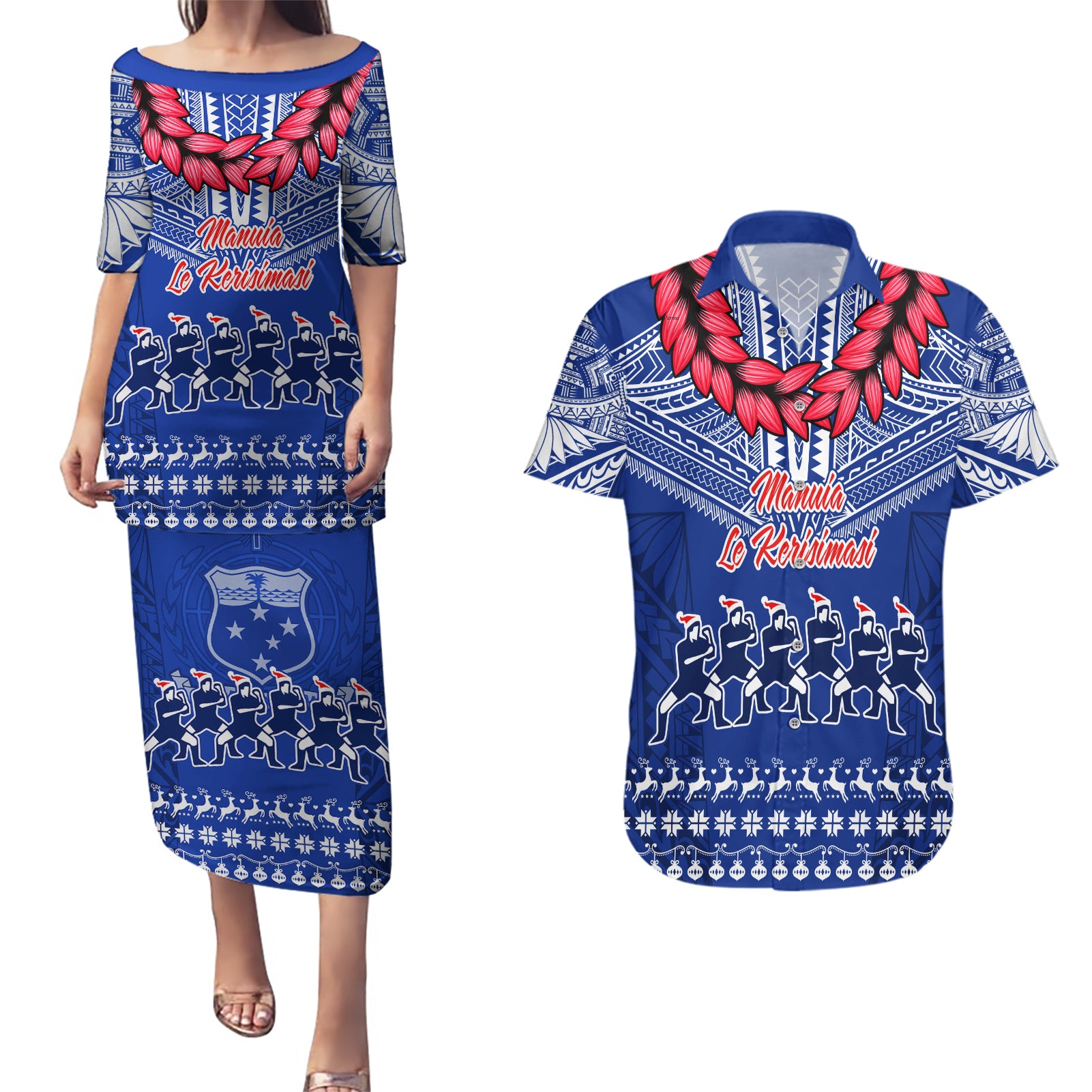 Personalised Toa Samoa Christmas Couples Matching Puletasi Dress and Hawaiian Shirt Samoa Siva Tau Manuia Le Kerisimasi Blue Vibe LT9 Blue - Polynesian Pride