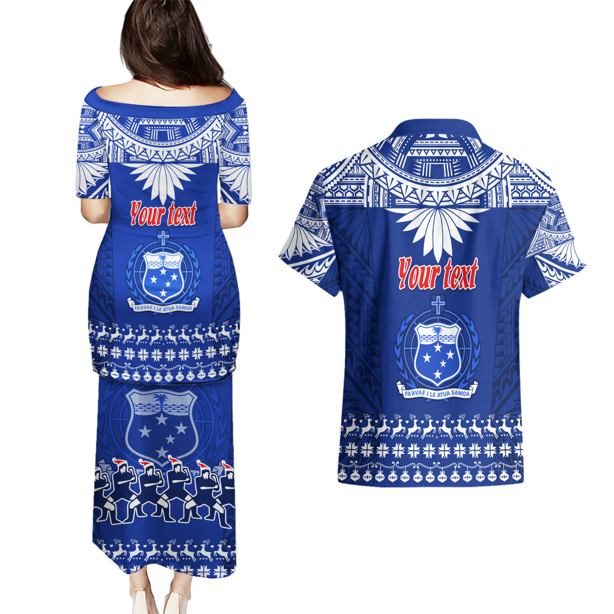 Personalised Toa Samoa Christmas Couples Matching Puletasi Dress and Hawaiian Shirt Samoa Siva Tau Manuia Le Kerisimasi Blue Vibe LT9 - Polynesian Pride