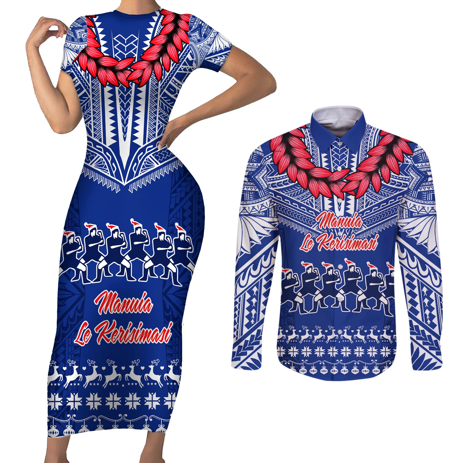 Personalised Toa Samoa Christmas Couples Matching Short Sleeve Bodycon Dress and Long Sleeve Button Shirt Samoa Siva Tau Manuia Le Kerisimasi Blue Vibe LT9 Blue - Polynesian Pride