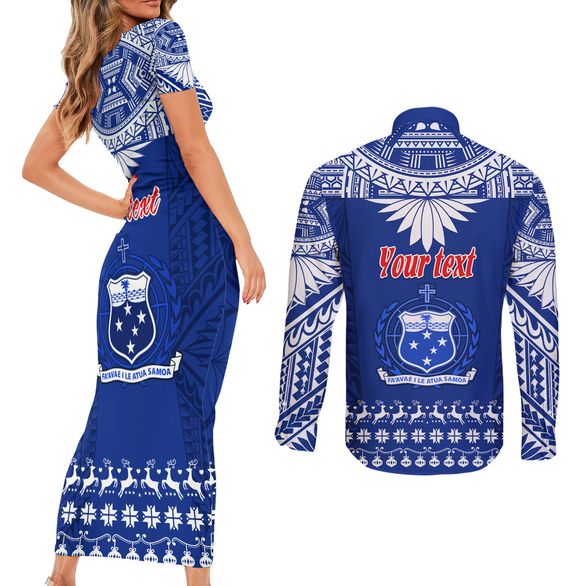 Personalised Toa Samoa Christmas Couples Matching Short Sleeve Bodycon Dress and Long Sleeve Button Shirt Samoa Siva Tau Manuia Le Kerisimasi Blue Vibe LT9 - Polynesian Pride