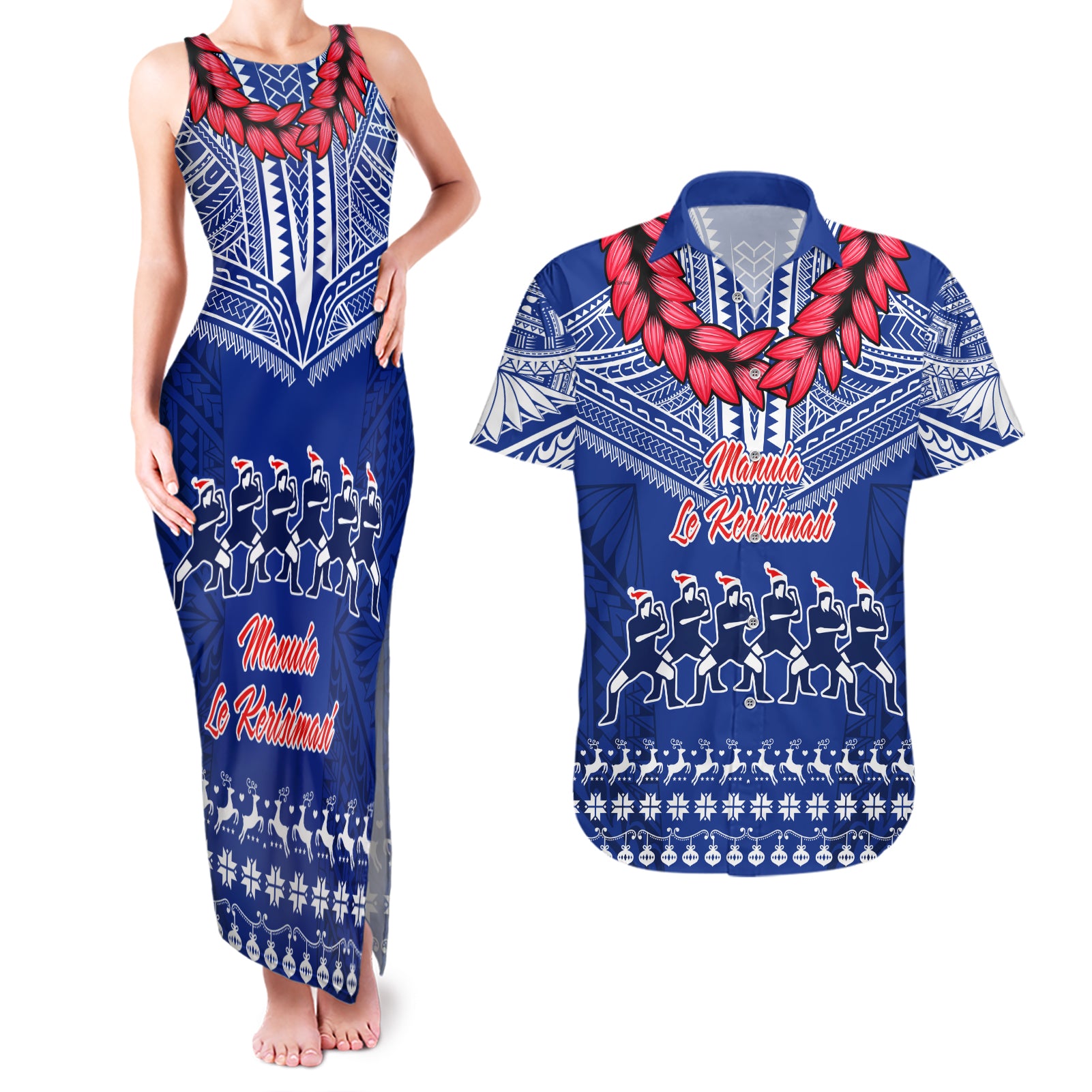 Personalised Toa Samoa Christmas Couples Matching Tank Maxi Dress and Hawaiian Shirt Samoa Siva Tau Manuia Le Kerisimasi Blue Vibe LT9 Blue - Polynesian Pride