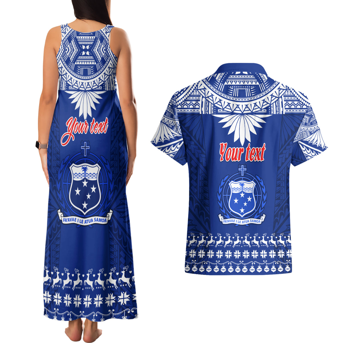 Personalised Toa Samoa Christmas Couples Matching Tank Maxi Dress and Hawaiian Shirt Samoa Siva Tau Manuia Le Kerisimasi Blue Vibe LT9 - Polynesian Pride