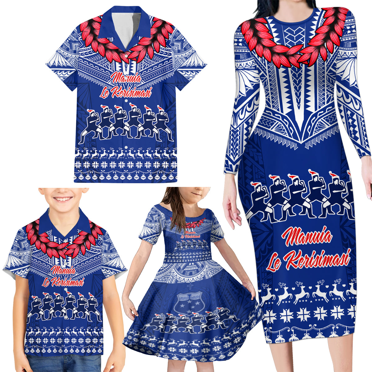Personalised Toa Samoa Christmas Family Matching Long Sleeve Bodycon Dress and Hawaiian Shirt Samoa Siva Tau Manuia Le Kerisimasi Blue Vibe LT9 - Polynesian Pride