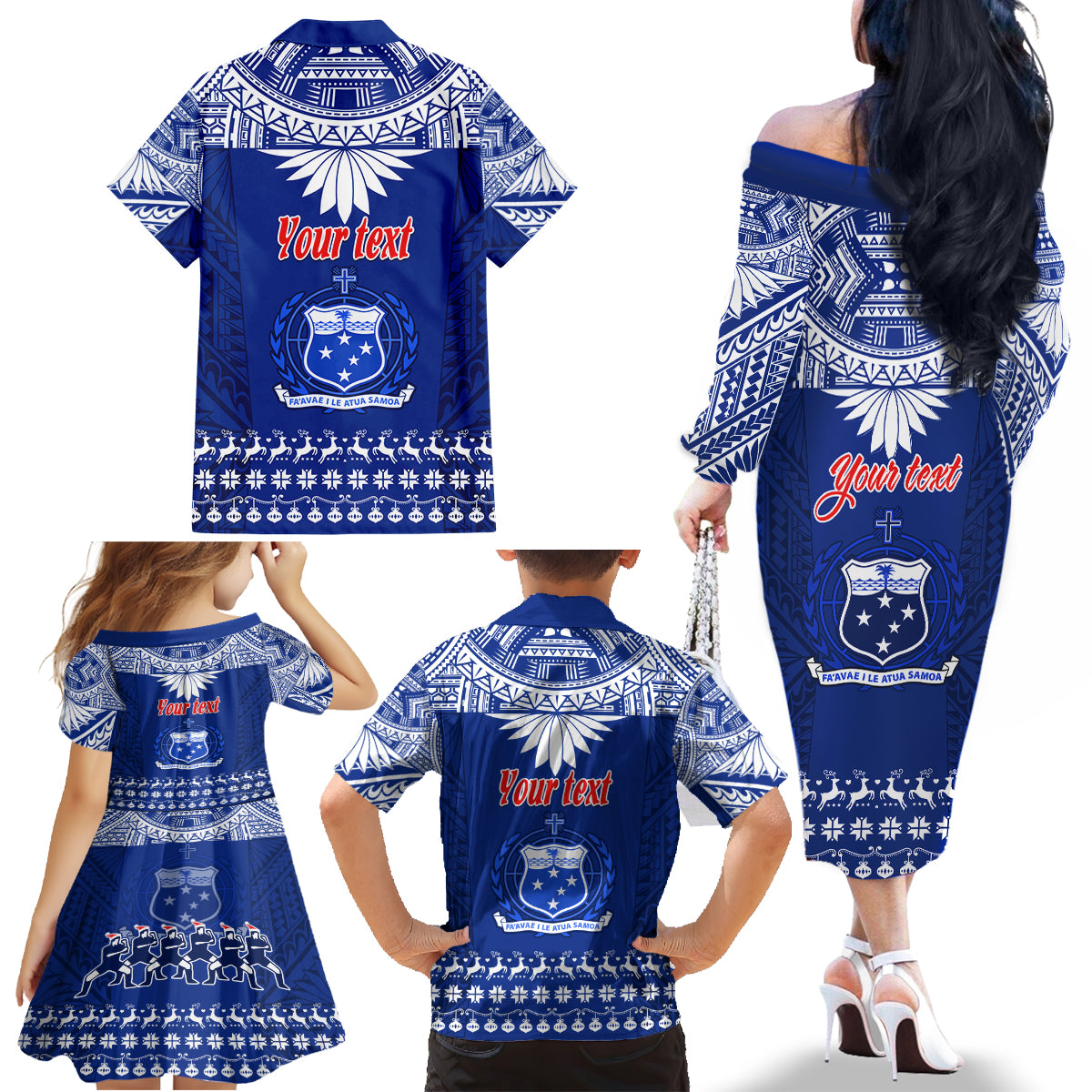 Personalised Toa Samoa Christmas Family Matching Off Shoulder Long Sleeve Dress and Hawaiian Shirt Samoa Siva Tau Manuia Le Kerisimasi Blue Vibe LT9 - Polynesian Pride