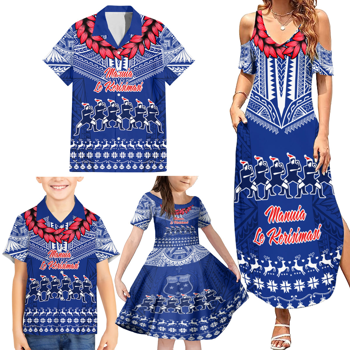 Personalised Toa Samoa Christmas Family Matching Summer Maxi Dress and Hawaiian Shirt Samoa Siva Tau Manuia Le Kerisimasi Blue Vibe LT9 - Polynesian Pride