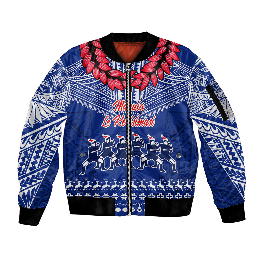 Personalised Toa Samoa Christmas Sleeve Zip Bomber Jacket Samoa Siva Tau Manuia Le Kerisimasi Blue Vibe LT9 Unisex Blue - Polynesian Pride