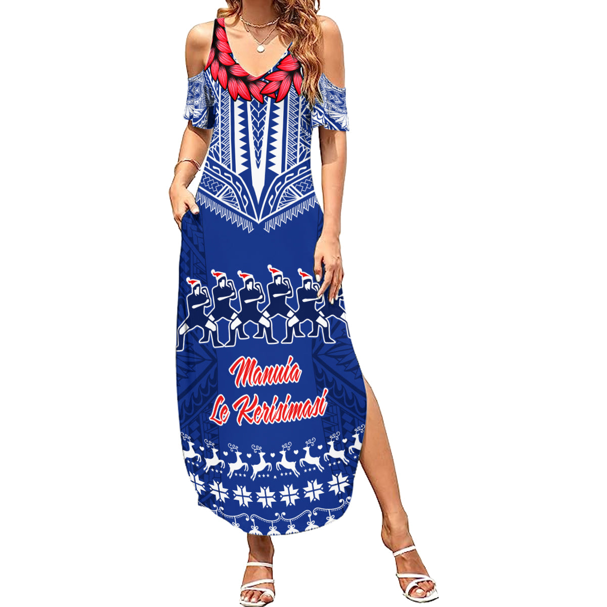 Personalised Toa Samoa Christmas Summer Maxi Dress Samoa Siva Tau Manuia Le Kerisimasi Blue Vibe LT9 Women Blue - Polynesian Pride