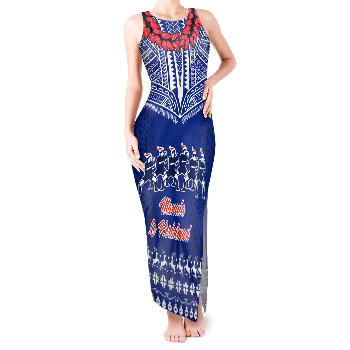 Personalised Toa Samoa Christmas Tank Maxi Dress Samoa Siva Tau Manuia Le Kerisimasi Blue Vibe LT9 Women Blue - Polynesian Pride