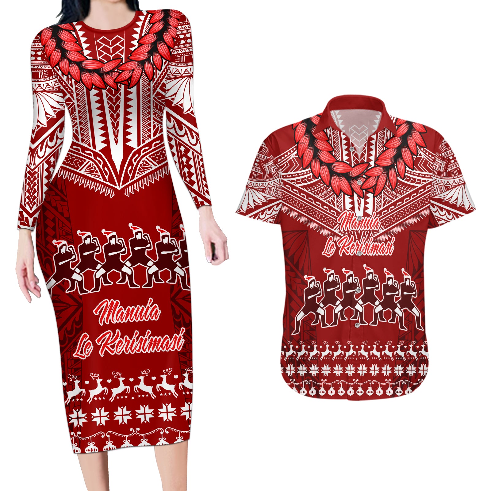 Toa Samoa Christmas Couples Matching Long Sleeve Bodycon Dress and Hawaiian Shirt Samoa Siva Tau Manuia Le Kerisimasi Red Vibe LT9 Red - Polynesian Pride