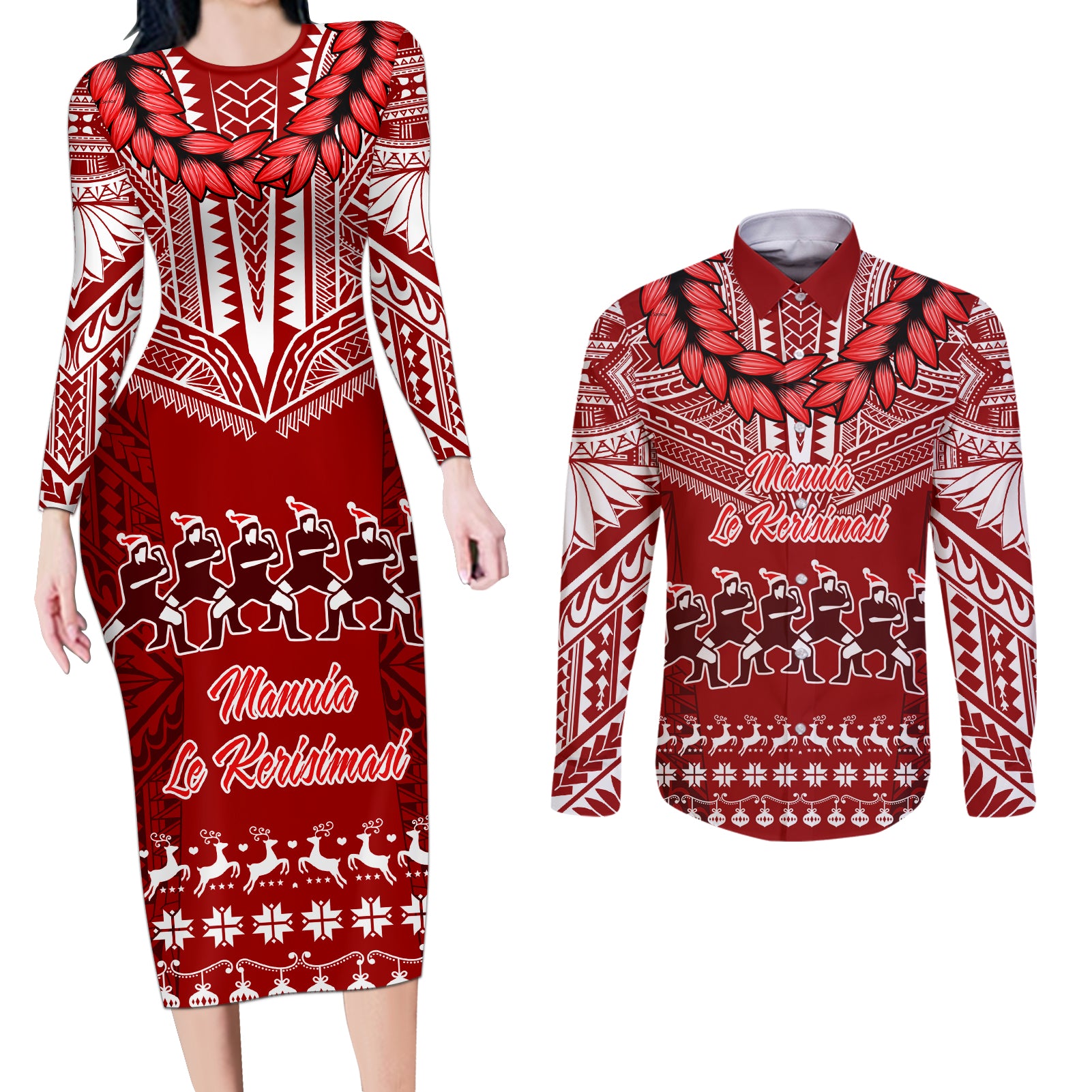 Toa Samoa Christmas Couples Matching Long Sleeve Bodycon Dress and Long Sleeve Button Shirt Samoa Siva Tau Manuia Le Kerisimasi Red Vibe LT9 Red - Polynesian Pride