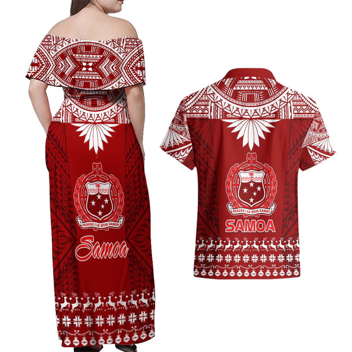Toa Samoa Christmas Couples Matching Off Shoulder Maxi Dress and Hawaiian Shirt Samoa Siva Tau Manuia Le Kerisimasi Red Vibe LT9 - Polynesian Pride
